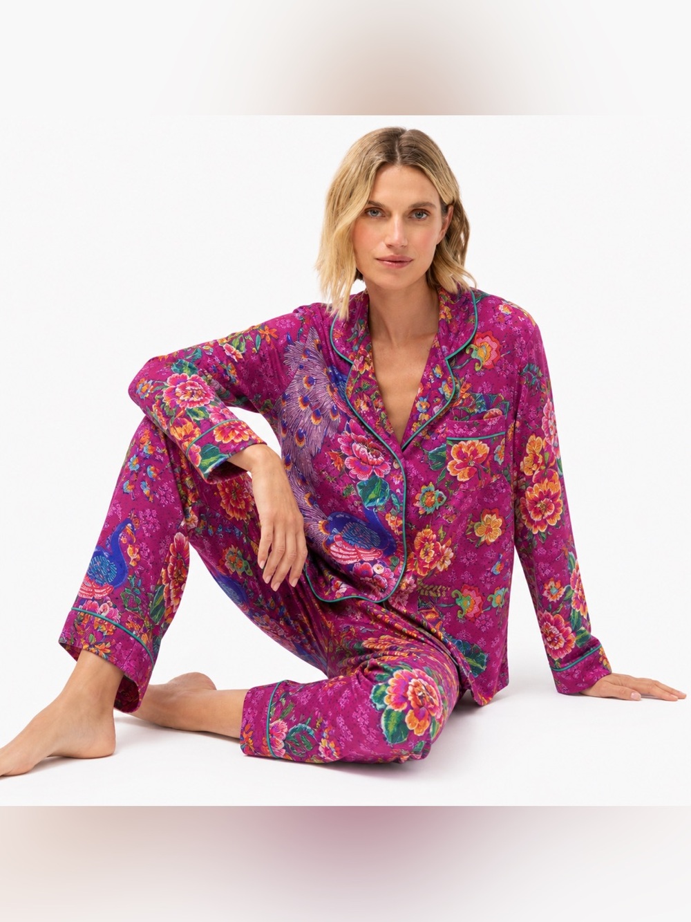 Johnny Was Darnahta Carly PJ  2 pc Set Peacock Home Lounge Sleepwear Pink NWT